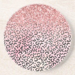 Girly Pink Black Leopard Print Glitter Coaster