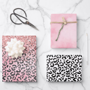  Girly Pink Black Leopard Print Glitter         Wrapping Paper Sheet