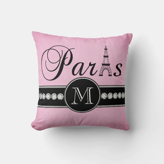 Girly Pink Black Paris Monogrammed Cushion (Front)
