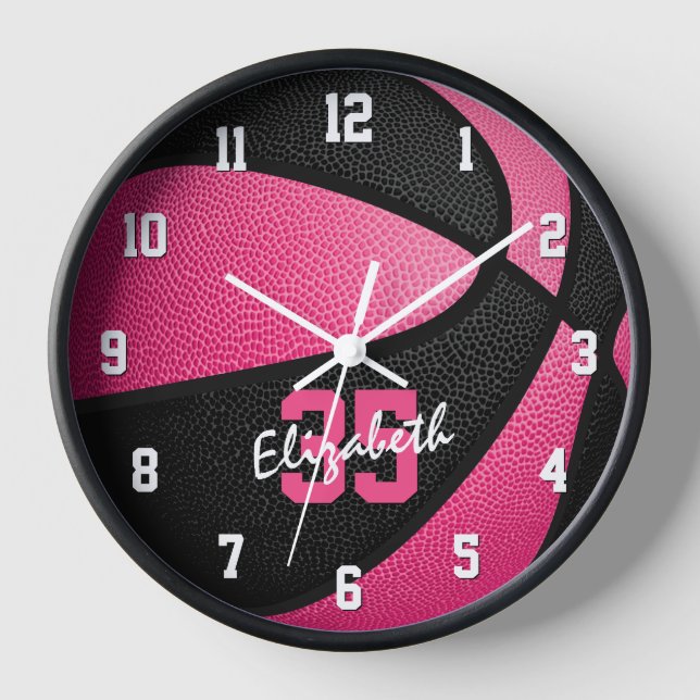 girly pink black personalised basketball clock (Front)