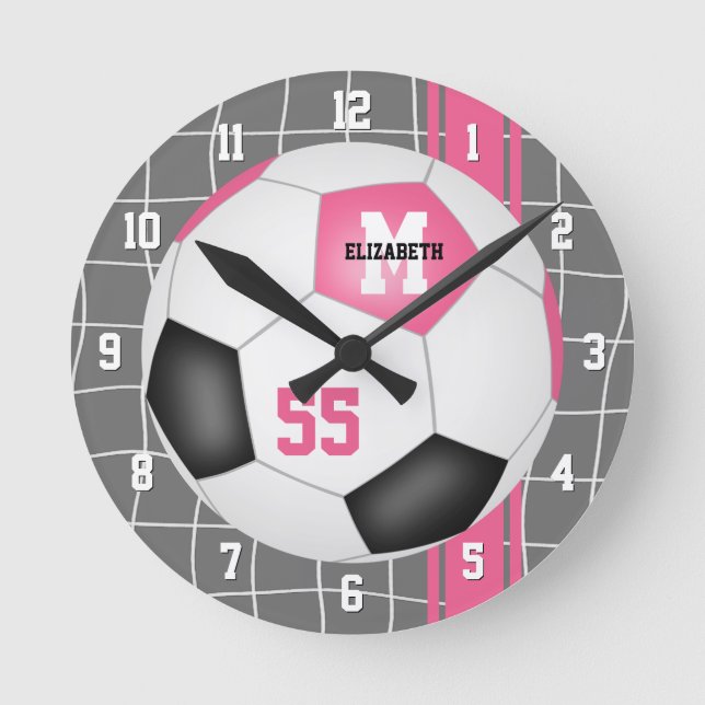 girly pink black personalized soccer round clock (Front)