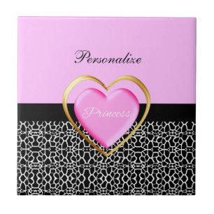 Girly Pink Black Princess Giraffe Print and Name Ceramic Tile