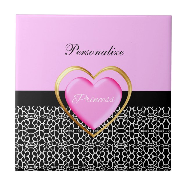 Girly Pink Black Princess Giraffe Print and Name Ceramic Tile (Front)