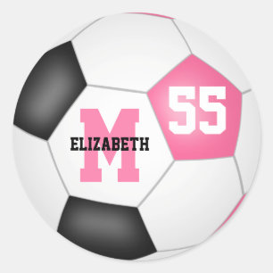 girly pink black soccer ball personalised classic round sticker