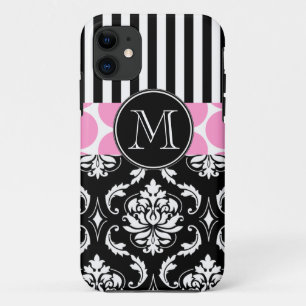GIRLY PINK BLACK STRIPES DAMASK MONOGRAM iPhone 11 CASE