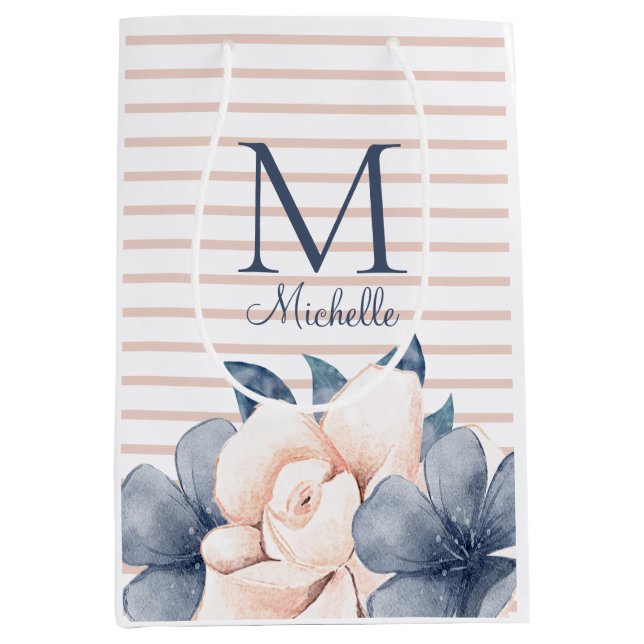 Girly Pink Blue Floral Monogram Name Striped Medium Gift Bag (Front)