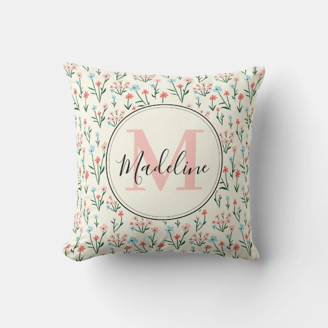 Girly Pink Blue Flowers Pattern Elegant Monogram Cushion (Front)
