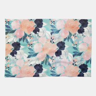 Girly Pink Blue & mint Floral Watercolor paint Tea Towel