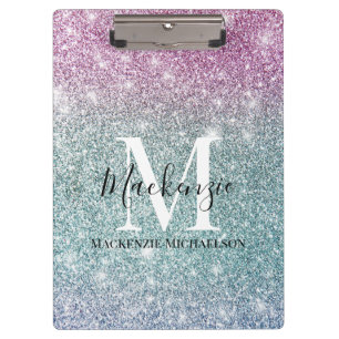 Girly Pink Blue Purple Glitter Monogram Name   Clipboard