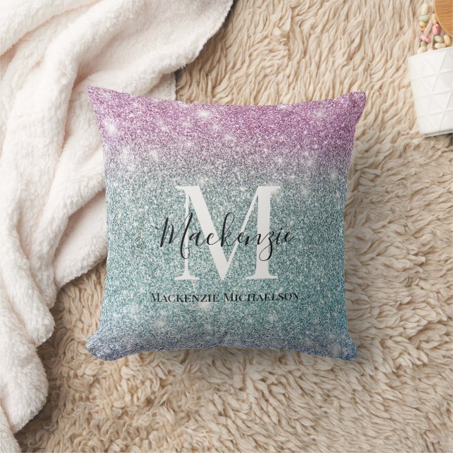 Girly Pink Blue Purple Glitter Monogram Name   Cushion (Blanket)