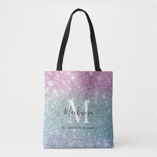 Girly Pink Blue Purple Glitter Monogram Name  Tote Bag (Front)