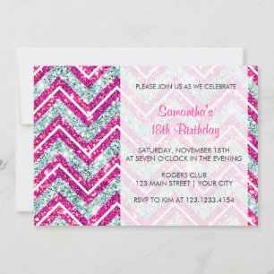 Girly Pink & Blue Sparkly Faux Glitter Chevron Invitation