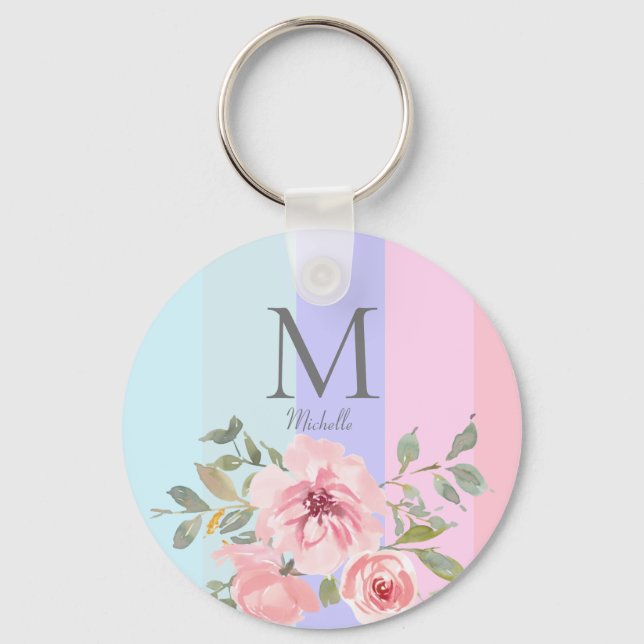 Girly Pink Blue Striped Floral Monogram  Key Ring (Front)