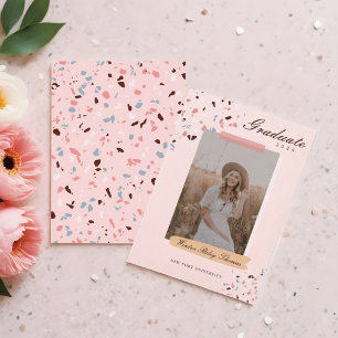 Girly Pink & Blue Terrazzo Photo Graduation Invitation