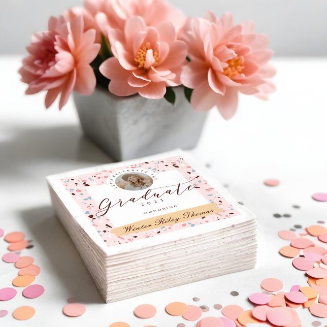 Girly Pink & Blue Terrazzo Photo Graduation Party Napkin (Girly Pink & Blue Terrazzo Photo Graduation Party Napkins)