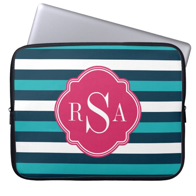 Girly Pink Blue White Striped Pattern Monogram Laptop Sleeve (Front)