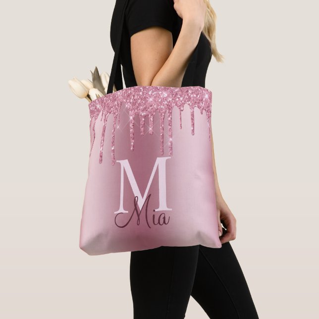 Girly Pink Blush Glitter Drips Monogram Name Tote  Bag (Close Up)