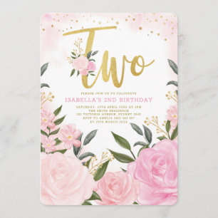 Girly Pink Blush Gold Roses Greenery 2nd Birthday Invitation