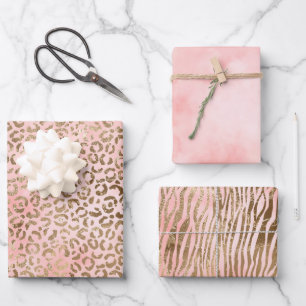 Girly Pink Blush Peach Gold Leopard Print        Wrapping Paper Sheet