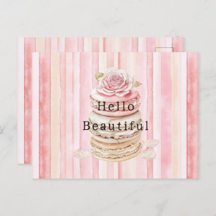 Girly Pink Blush White Stripes Macaroons Postcard