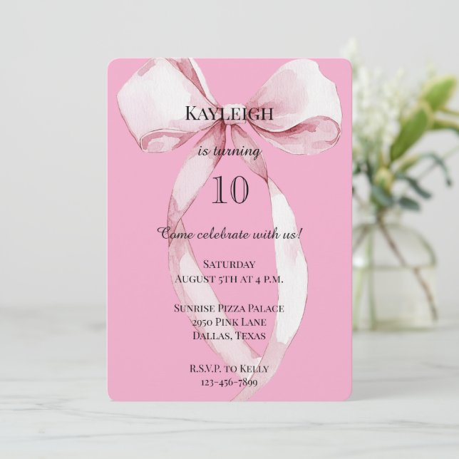 Girly Pink Bow Birthday Invitation (Standing Front)
