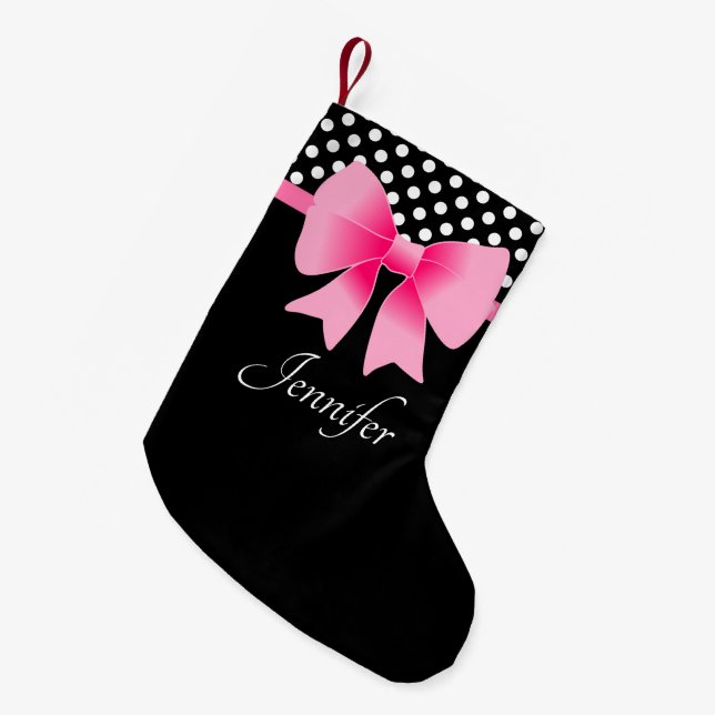 Girly Pink Bow Black And White Small Christmas Stocking (Front (Hanging))