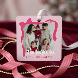 Girly Pink Bow Fa La La Family Photo Christmas  Metal Tree Decoration