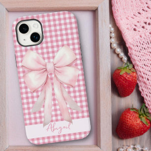 Girly Pink Bow Gingham Plaid Personalised Case-Mate iPhone 14 Plus Case