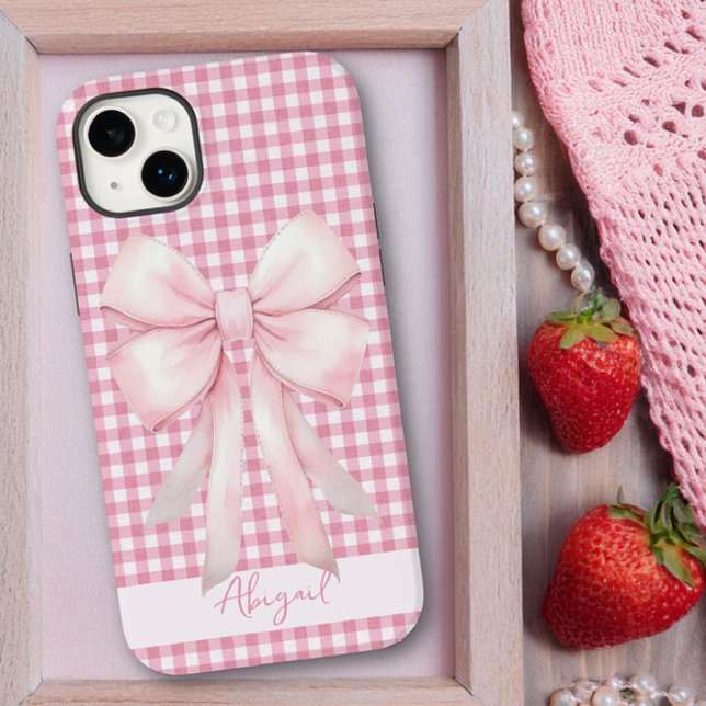 Girly Pink Bow Gingham Plaid Personalised Case-Mate iPhone Case (Personalized iphone case with pink bow on pink gingham by Darling and May)