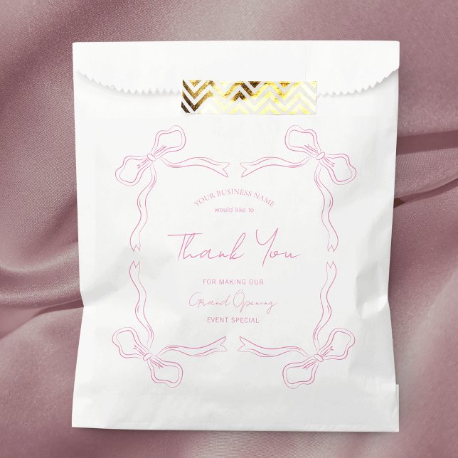 Girly Pink Bow Hand Drawn Business Event Branded  Favour Bag (Blush pink vintage bows favor bag with handwritten style font, perfect for event goodie bags)