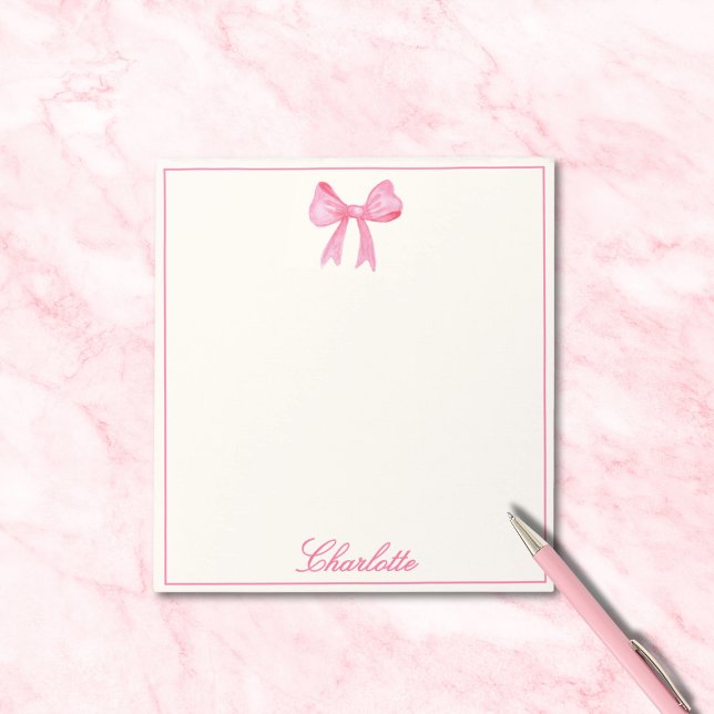 Girly Pink Bow Notepad (cute sweet pink girly coquette bow notepad, custom name in calligraphy script, stationery for her)