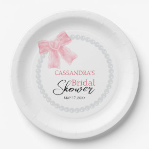 Girly Pink Bow White Circle Pearl Bridal Shower  Paper Plate