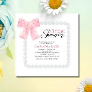 Girly Pink Bow White Pearl Bridal Shower  Invitation