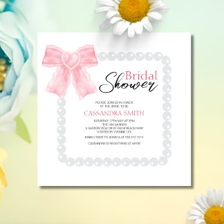 Girly Pink Bow White Pearl Bridal Shower  Invitation