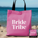 Girly Pink Bride Tribe w Name Bachelorette  Tote Bag<br><div class="desc">Fun, flirty pink with simple vertical block lettering to personalise for each guest at the bachelorette party. Pretty keepsake favour for any event-bachelorette, girls weekend, family reunion, pool party and more! "Bride Tribe" on the front and personalise the back with the guest's name. Message me if you want something different...</div>
