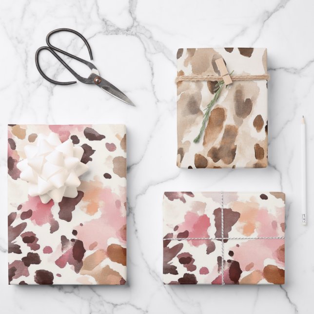 Girly Pink Brown Cream Leopard Animal Print Wrapping Paper Sheet (Front)