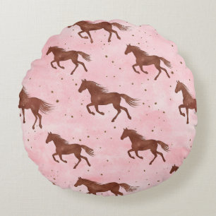 Girly Pink Brown Horses Stripes Round Cushion