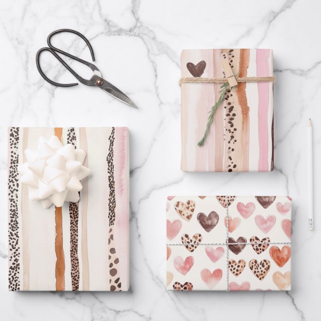 Girly Pink Brown Leopard Print Hearts Birthday Wrapping Paper Sheet (Front)