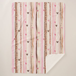 Girly Pink Brown Leopard Print Hearts Stripes Sherpa Blanket