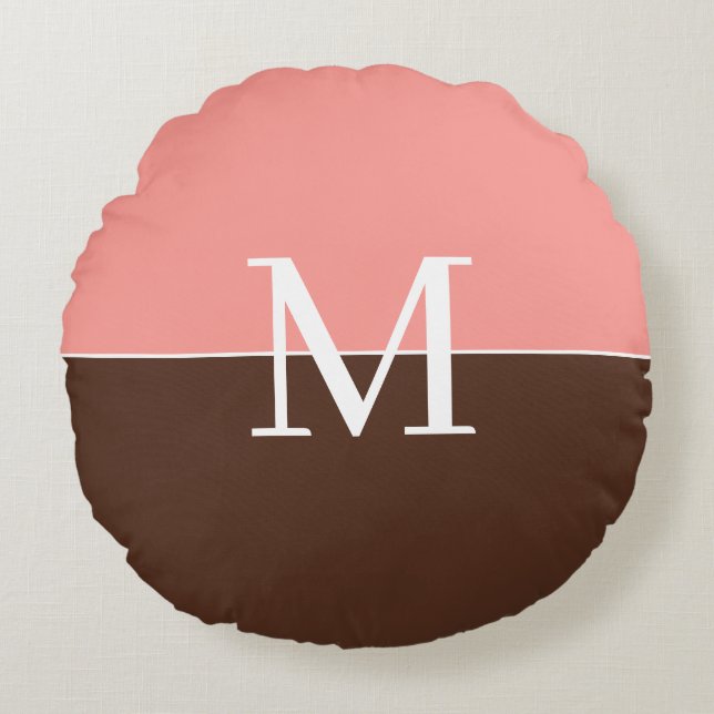 Girly pink &brown monogram round cushion (Front)