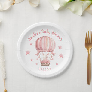 Girly Pink Bunny In Balloon and Stars Paper Plate