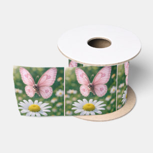 Girly Pink Butterfly and White Daisy Satin Ribbon