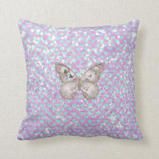 Girly Pink Butterfly Blue Hearts Glitter Pattern Cushion