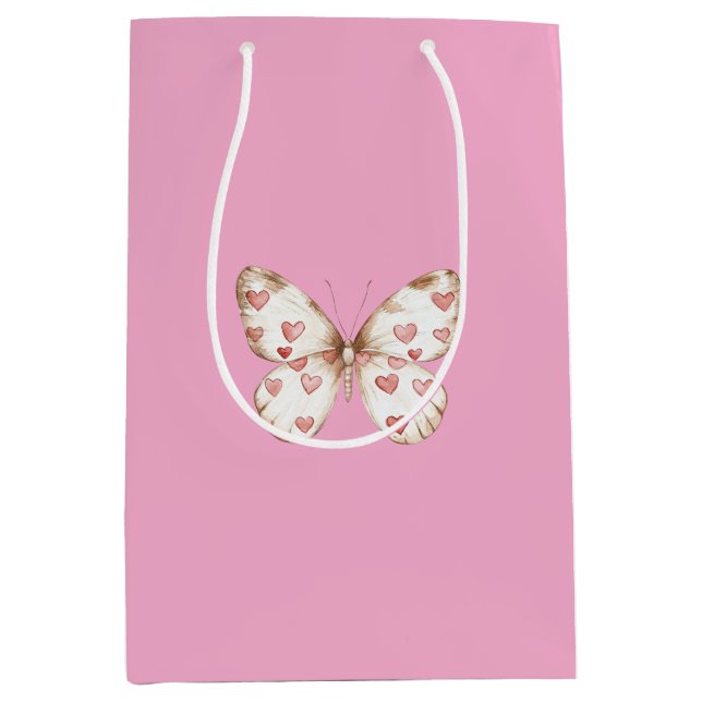 Girly Pink Butterfly Hearts Birthday Medium Gift Bag (Front)