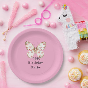 Girly Pink Butterfly Hearts Birthday Paper Plate