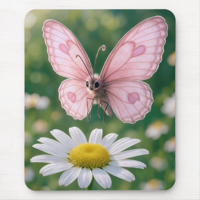 Girly Pink Butterfly Hovering Over Daisy Mouse Pad (Front)