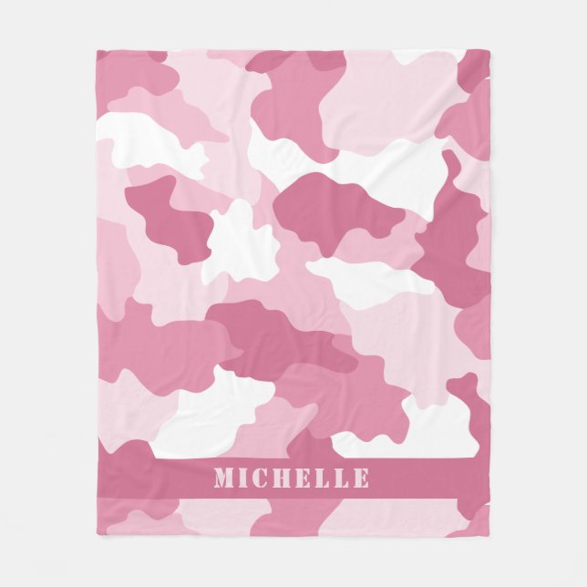 Girly Pink Camo Camouflage Monogram Name Fleece Blanket (Front)
