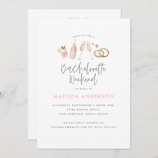 Girly pink champagne chic bachelorette itinerary a announcement (Front/Back)