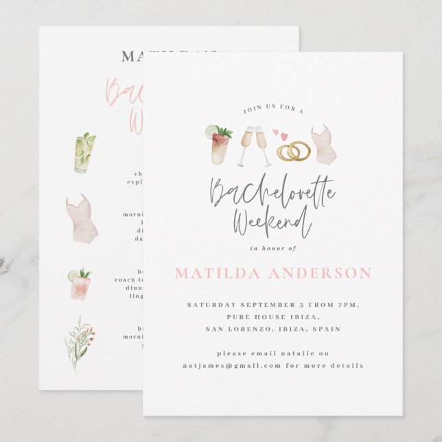 Girly pink champagne chic bachelorette itinerary announcement (Front/Back)