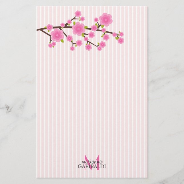 Girly Pink Cherry Blossom Personalised Stationery (Front)